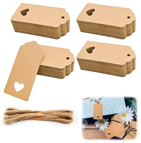 100PCS Etiquetas de Papel Kraft 4.4x9.3CM Etiquetas de Regalo Marrón kraft con 40M Cuerda de Yute para Manualidades,Navidad,Cumpleaños,bodas,San Valentín