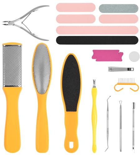 Alaoo 30 in 1 Foot File Pedicure Set, Includes 3Pcs Foot Files, 1Pcs Hard Skin Remover and 10 Replacement Heads for Wet & Dry Use Heel Care Scrubber Kit for Women Men Salon or Home, Yellow