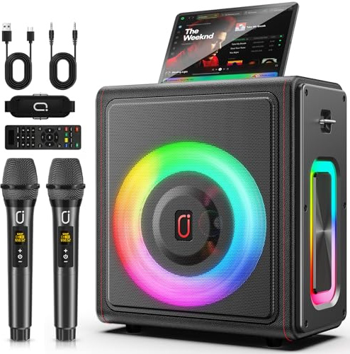 HWWR Karaoke Machine with 2 Wireless Mics, 200W Portable Bluetooth 5.3 PA Speaker for Smart TV, Auto Pitch Correction, 24H Playtime, TWS Stereo, Hand-Stitched Leather Wrap for Garden BBQ & Home