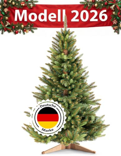 RESTILO Premium Künstlicher Weihnachtsbaum 180 cm - 10 Jahre Garantie | dichte Zweige Ø 115 cm | Nordmanntanne mit braunem Stamm & Holzständer | Tannenbaum künstlich I Made in EU