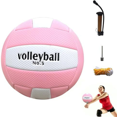 Volleyball, Größe 5, weiche Volleybälle aus PU-Leder für drinnen und draußen, Freizeit-Volleybälle mit Pumpe, Netztasche und Ballnadel für drinnen und draußen, Strand, Pool, Wasser, Sand (Pink)