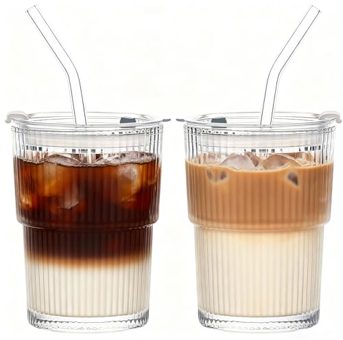 Tel Charme * 2 Pack 400ml Glass Tumbler with Lid & Straw Iced | Ribbed iced coffee cup with leakproof lid & glass straw. Clear tumbler for matcha, juice, smoothies & cold drinks.