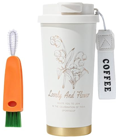 LUVDECO Reusable Thermal Coffee Cup 500ml Insulated Coffee Cup with Leakproof Lid Flower Travel Mug with Carrot Cleaning Brush 316 Stainless Steel Thermal Mug for Hot Cold Drinks Boys Girls Gifts