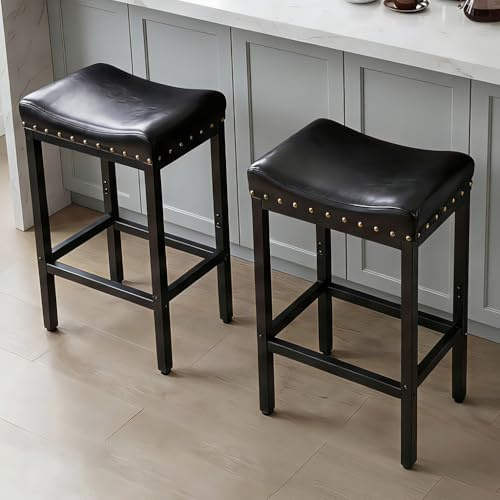 Forteek Counter Height Bar Stools Set of 2, 30 Inch, Industrial Vintage Bar Stool with Nailhead, Faux Leather Barstool with Footrest, Saddle Stool for Kitchen Island, Dining Room, Easy Assembly