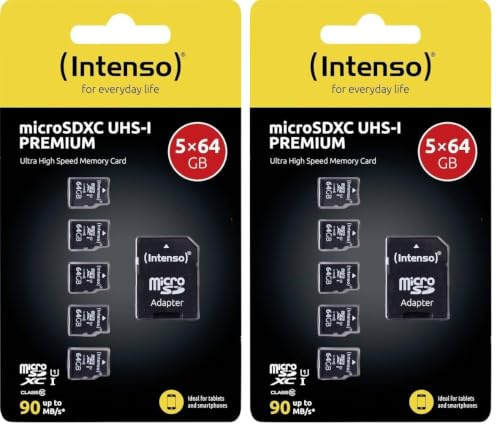 Intenso Premium microSDXC - Tarjeta de Memoria (5 Unidades, 64 GB, Clase 10, UHS-I, Incluye Adaptador SD), Color Negro (Paquete de 2)