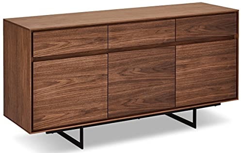 Ibbe Design Nussbaum Sideboard Anrichte MDF Walnuss Furnier Kommode mit 3 Türen und 3 Schubladen Tokyo, Schwarz Metall Gestell, 155x45x82cm