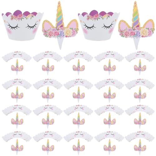 Amosfun Décorations De Gâteau Licorne 24 Pièces Carte Wrapper De Gâteau 21.50X5.70Cm Pour Fête D'Anniversaire Enfants Baby Shower Accessoires De Dessert Mignons