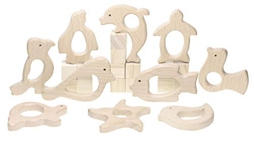 Penta Angel 10Pcs Wood Teething Rings Pain Relief Natural Wood Teething Toys Wooden Teether Animals for Infant Toddler, Turtles Swallows Dolphins Starfish Pigeons Birds Woodpeckers Fish Turtle