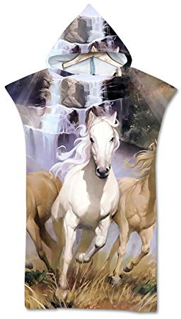 Hiser Poncho Handtuch Erwachsene Surf Poncho mit Kapuze Strandtücher Schwimmen Strand Poncho für Jugendliche - Tier Drucken Mikrofaser Badeponcho Badetuch (75x110cm,weißes Pferd)