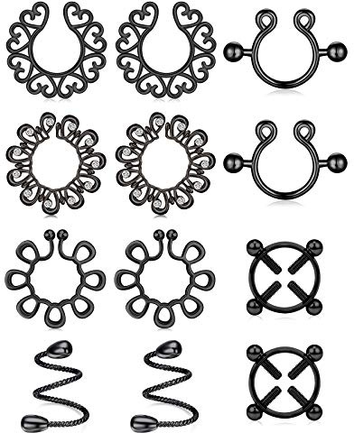 AceFun Edelstahl Nippelschmuck ohne Piercing - Schwarz Nippel Ringe 6 Paare Fake Brustwarzenpiercing Fake Body Piercing Schmuck für Frauen und Männer