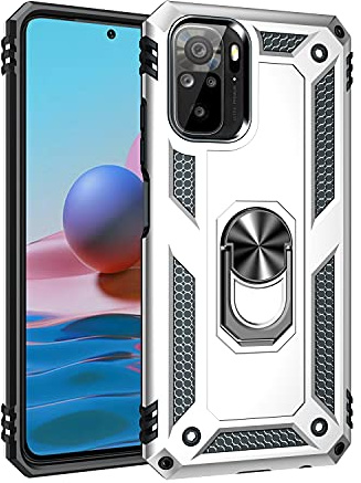 BestST Funda para Redmi Note 10 4G/Redmi Note 10s,+ HD Protector de Pantalla,Elegante Armadura híbrida Robusta Funda de Doble Capa de Alta Resistencia para Caso con Anillo Grip Kickstand,Plata