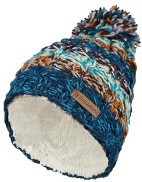 Damen-Wollmütze, Bommelmütze, Sherpa-Fleece, gefüttert, handgestrickt, blau, M