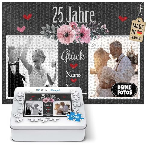 Foto-Puzzle selbst gestalten - 25 Jahre Glück - mit Namen, Datum und 2 Fotos personalisierbar, Geschenk zur Silberhochzeit | personalisiertes Geschenk, 1000 Teile, inkl. Metalldose