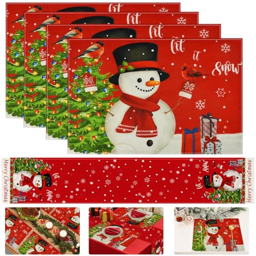 FuxFuis 4 Pz Tovagliette Natalizie Stoffa 45x30cm, Runner da Tavolo di Natale 180x33cm, Tovagliette all'Americana Natalizie Set con Motivo Pupazzo di Neve di Natale per Cucina, Tavolo da Pranzo, Feste