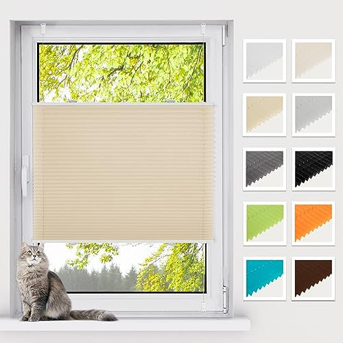 BelleMax Plissee ohne Bohren Klemmfix, Creme 60x130cm(BxH), Easyfix lichtdurchlässig Sichtschutz und Sonnenschutz, Jalousie Plisseerollo mit Klemmträger, Faltrollo für Fenster & Tür