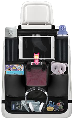 Annmore Rückenlehnenschutz Organizer mit Tasche für Toniebox, Schwarz | Tasche für bix zu 10 Zoll Tablet, Hörfiguren Fächer, Kopfhörerhalter