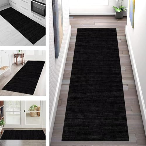Teppich Läufer Flur Küche rutschfest waschbar Teppichläufer Lang 100X250CM Schwarz Dunkelgrau Küchenläufer Meterware Korridor Tepiche Esszimmer Schlafzimmer Wohnzimmer Schmutzfangmatte Breit 40-120cm