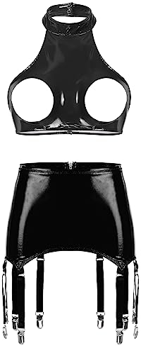 iiniim Women's 2 Piece Harness Quarter Cup Bra with Garter Belt Hollow Out Crop Top Lingerie Set Black XXL