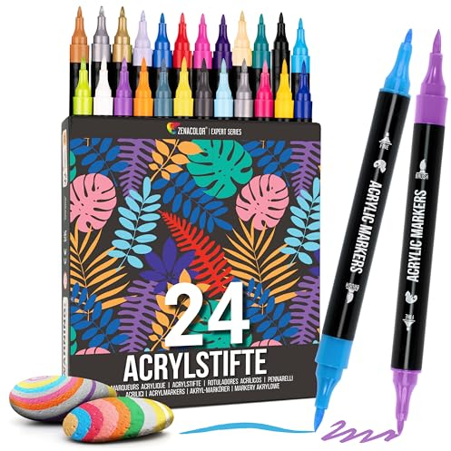Zenacolor 24 Acrylic Paint Markers - Dual Tip (Fine Brush Tip) - Acrylic Paint Pens for Wood, Canvas, Stone, Rock Painting, Glass, Ceramic Surfaces, DIY Crafts Making Art Supplies.