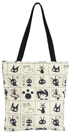CoolChange tygväska med kiki och jiji, shoppingväska i canvas med anime-katter 34 x 36 cm, bomull, vit, shoppingväska