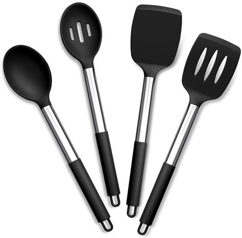 Joyfair Kitchen Utensils Set, 4 Pcs Silicone Cooking Utensils Set, Non Stick Spatula Turner Spoon Cookware Ideal for Cooking Mixing Serving Frying Stirring, Heat Resistant & Dishwasher Safe, Black