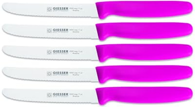 Giesser Messer Tomatenmesser Brötchenmesser Tafelmesser 11cm mit Wellenschliff 3mm - 5er Set (Pink)