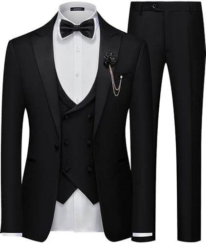 MAGE MALE Men's 3 Piece Suit One Button Slim Fit Formal Wedding Prom Tuxedo Suits Party Dinner Blazer Vest Pants Set Black