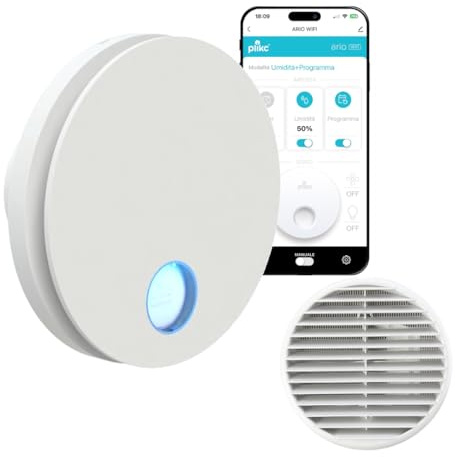 plikc - Aspiratore WIFI da parete ad aspirazione assiale serie Ario W con sensore di Umidità e Timer - 100% MADE IN ITALY + Griglia da muro (Foro Ø 118, Bianco)