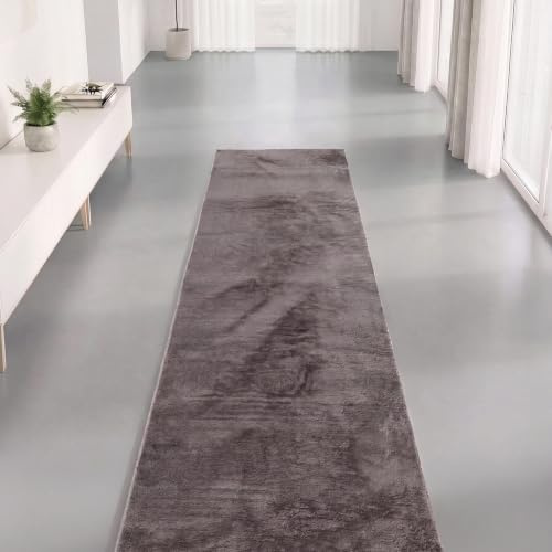 Interiyou Fargo - Teppich Wohnzimmer 80x300 cm Grau - Kurzflor Waschbar und rutschfest - Flauschiger Fellteppich aus Kunstfell - weicher Langflor Fell