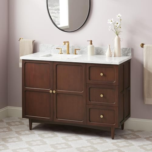 Signature Hardware 488094 Delavan 48 Freestanding Mahogany Single Basin Vanity Set with Cabinet, Vanity Top, and Left Offset Rectangular Undermount Sink - 8 Faucet Holes - Cold Brew/Carrara
