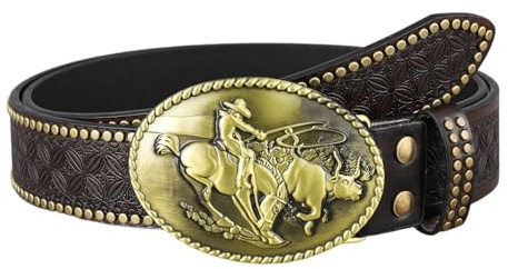 AGUTALITHIC Herren Gürtel Nietengürtel Longhorn Bull Western Cowboy Gürtelschnallen Gold Oval Seil Kante Schnalle Ledergürtel Mit Blumen Gravur Für Männer(130cm/51, Brown)