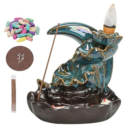 Mond Wasserfall Keramik Räucherstäbchen Halter, Lotus Dekoration Räucherkegel Halter Rückfluss Räuchergefäß Mit 20 Rückfluss Räucherkegel+30 Räucherstäbchen +1 Pinzette+1 Matte Für Haus Büro (Blau)