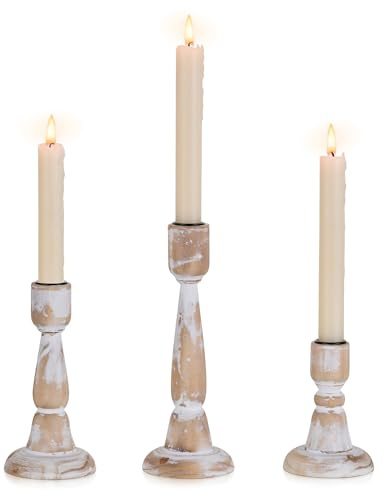 Inweder Holz Kerzenständer Rustikale: 3 Stück Landhausstil Stabkerzenhalter | für 2,2 cm Spitzkerzen, Used-Look Oberfläche, Bauernhaus Kerzenhalter für Weihnachten, Herbst, Tischdeko, Kamin, Heimdeko