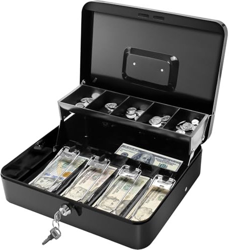 Secure Locking Cash Box with Key or comnination, Money Tray, and Organizer - Metal Money Safe for Cash Management (Black Key)