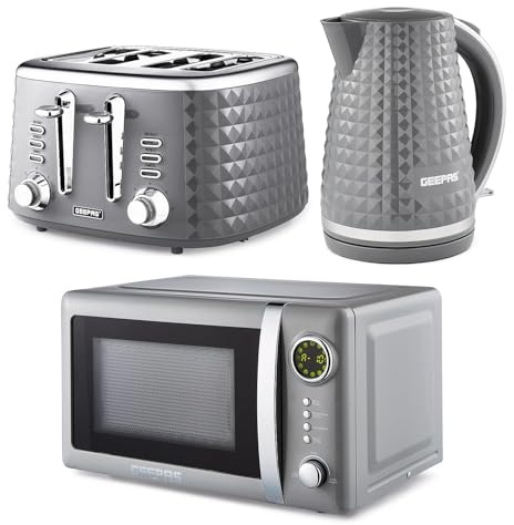 GEEPAS Electric Kettle 4 Slice Bread Toaster & Microwave Kitchen Set | 1.7L Textured Cordless Kettle 2200W | 4 Slice Toaster with 7 Level Browning Control | 700W Digital Microwave 20L, Grey