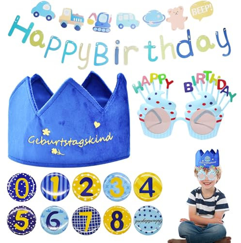 MPQDFG Corona de Infantil Cumpleaños con números intercambiables del 0 al 8 y banderines y 1 par de gafas de sol para decoración de fiestas Reutilizables Regalo de cumpleaños para disfrazar a un niño