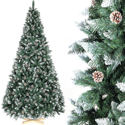 LIFERUN 270cm Árbol de Navidad Nevado, Abeto Nordmann Premium, Ramas Densas y Realistas, Arbol de Navidad Artificial con 61PCS Piñas, Soporte de Madera, 2500 Puntas de Rama, Fácil Montaje, Ignífugo