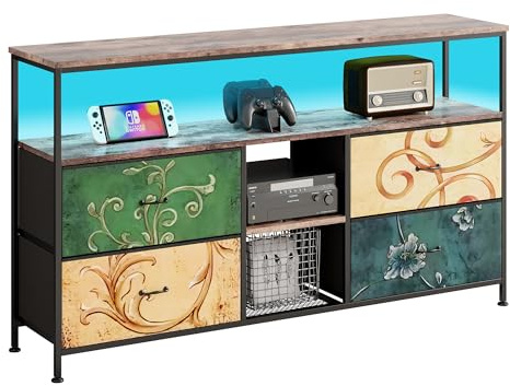 Luminarix TV-Schrank mit 4 Schubladen aus Stoff, Vintage Fernsehschrank Metallrahmen TV-Regal, 4 verstellbare Ablagen, Lowboard für Fernseher bis zu 60 Zoll, 137cm Mehrfarbig