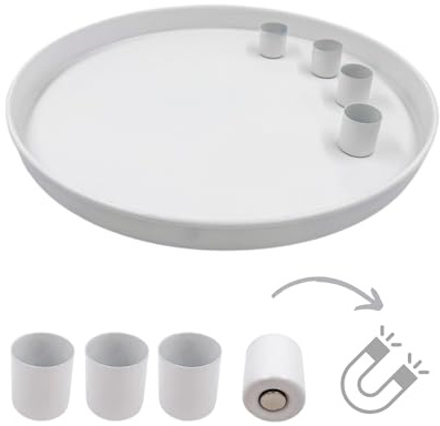 Tablett mit 4 magnetischen Kerzenhaltern – Mattes Design – weiß, Ø 25 cm | Kerzenständer aus Metall, für Stabkerzen mit Ø2,2 cm – Dekotablett für deinen DIY Adventskranz & Tafelkerzen – Seaside No.64