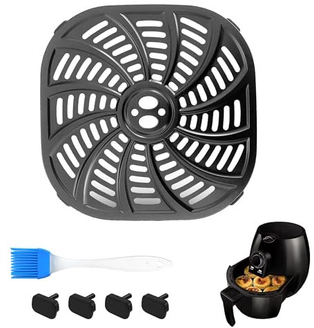 LIANCHEN 22.5 * 22.5 cm Ersatz Grillpfanne für Luftfritteuse mit 4 Pcs Rubber Bumpers für Fritteusen Mit 1 Pcs Ölbürste, Ersatz Platte Fritteuse Ersatz-Grillpfanne für Fritteusen, Grillen, Braten