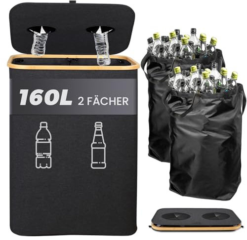 Biigdan 160L Pfandflaschen Sammelbehälter 2 Fächer, Pfandflaschen Behälter mit Deckel, Leergut & Altglas Aufbewahrung mit Loch, Flaschensammler Leergut für Küche & Abstellraum