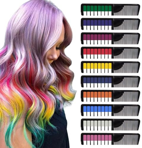10 Stück Haarkreide Kamm Haarfarbe Kinder Auswaschbar Hair Chalk Salon Sofort Haarfarbe Farbstoff Temporäre Haarfarbe Kamm Set Geeignet für Karneval, Rollenspiel, Geburtstag