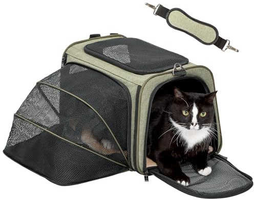 Petsfit Expanderbar husdjursbärare, mjuk bärbar kattbärare hundbärare, med avtagbar plyschmatta, låsande säkerhetsdragkedjor och fickor, grön, medium