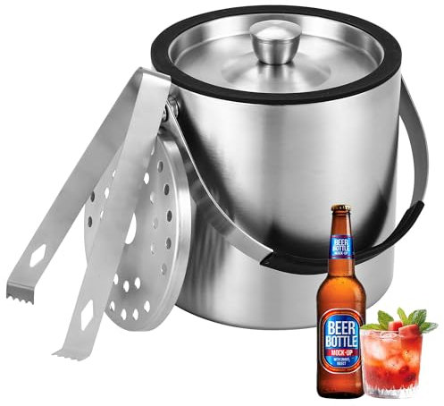 BUCOMTU 1.6L Eiswürfelbehälter, Eiskübel mit Deckel,Eiswürfelbehälter Edelstahl mit Clips und Sieb, perfekt zum Abkühlen von Getränken, Bier, Champagner und Früchten für Partys, Partys, Riegel