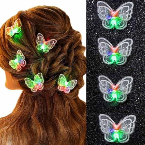 Evlry LED Schmetterling Haarspangen Leuchtende Spitze Schmetterlings Haarnadeln Rave Haarschmuckfür Damen(5 Stück)