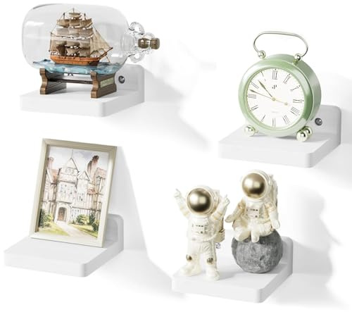 QITIXI:OU Wandregal Schweberegal - 4 Stück Kleine Wandregal Kleines Regal Wand Erweitern Wandfläche Ohne Bohren, Weiß Schweberegal Modern Wandboard für Deko 10cm Regal für Schlafzimmer, Bad, Küche,