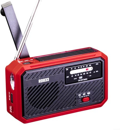 ZYNCUE Radio De Emergencia Portátil, Solar Recargable Radio De Dinamo Con Manivela Con Alarma SOS Y Linterna LED Para Cocina, Salón, Jardín, Camping, Senderismo(Red)