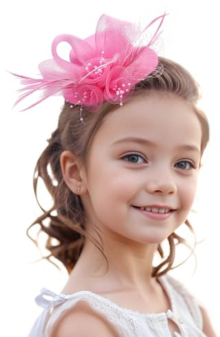ETOFETE Pinker Fascinator-Hut für Mädchen, Teeparty, Mini-Hut, Haarspange mit Federn, Netzschleier für Renaissance-Kopfbedeckung, rose, S/M