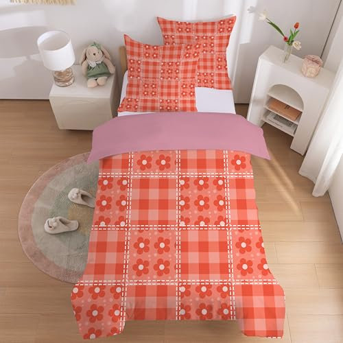 Housse de Couette 140x200 Enfant Motif Patchwork Orange avec 2 Taies d’Oreiller 65x65 cm, Parure de Lit 1 Personne Imprimée Fleurs Plaid - Linge de lit Réversible avec Fermeture Éclair