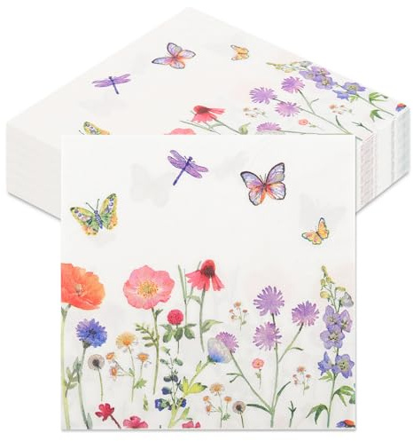 Servietten Blumen, 100 Stück Papierservietten mit Blumen, Blumenwiese Servietten Schmetterlinge Servietten Blumenmuster Tisch Dekorationen für Frühling Garten Hochzeit Party